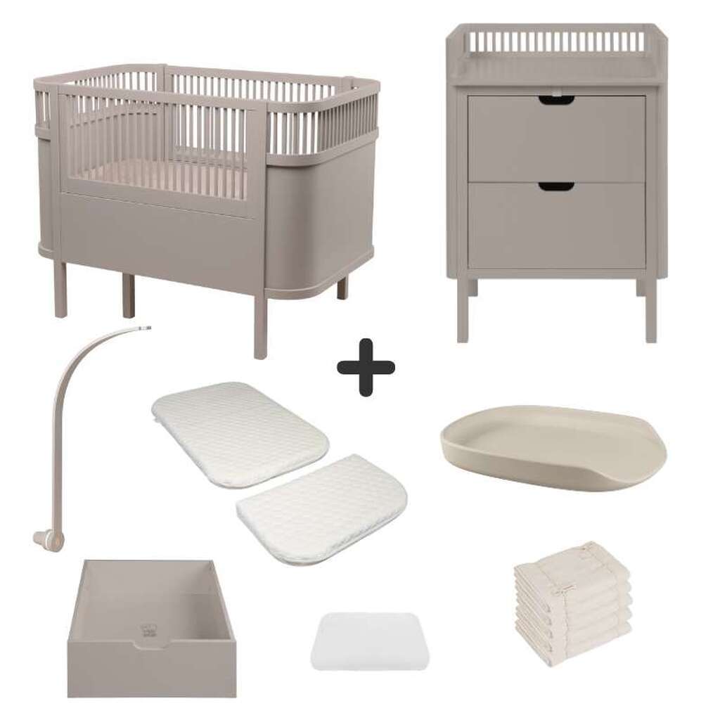 Sebra Sengen og Puslebordet m. Tilbehør - Jetty Beige - Deluxe Bundle 2