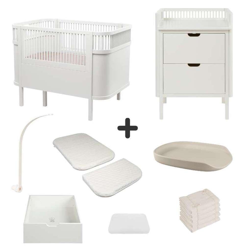 Sebra Sengen og Puslebordet m. Tilbehør - Classic White - Deluxe Bundle 2