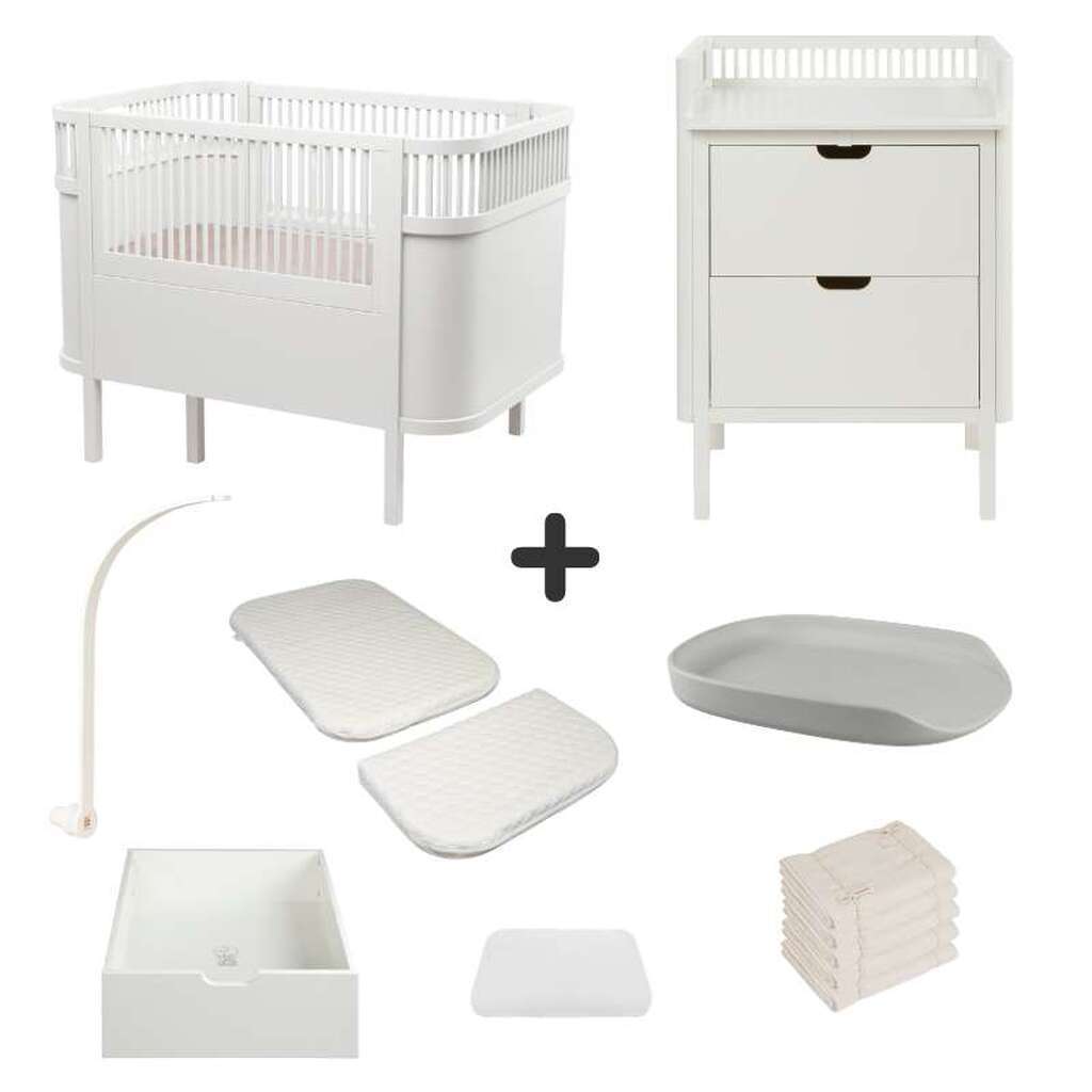Sebra Sengen og Puslebordet m. Tilbehør - Classic White - Deluxe Bundle 3