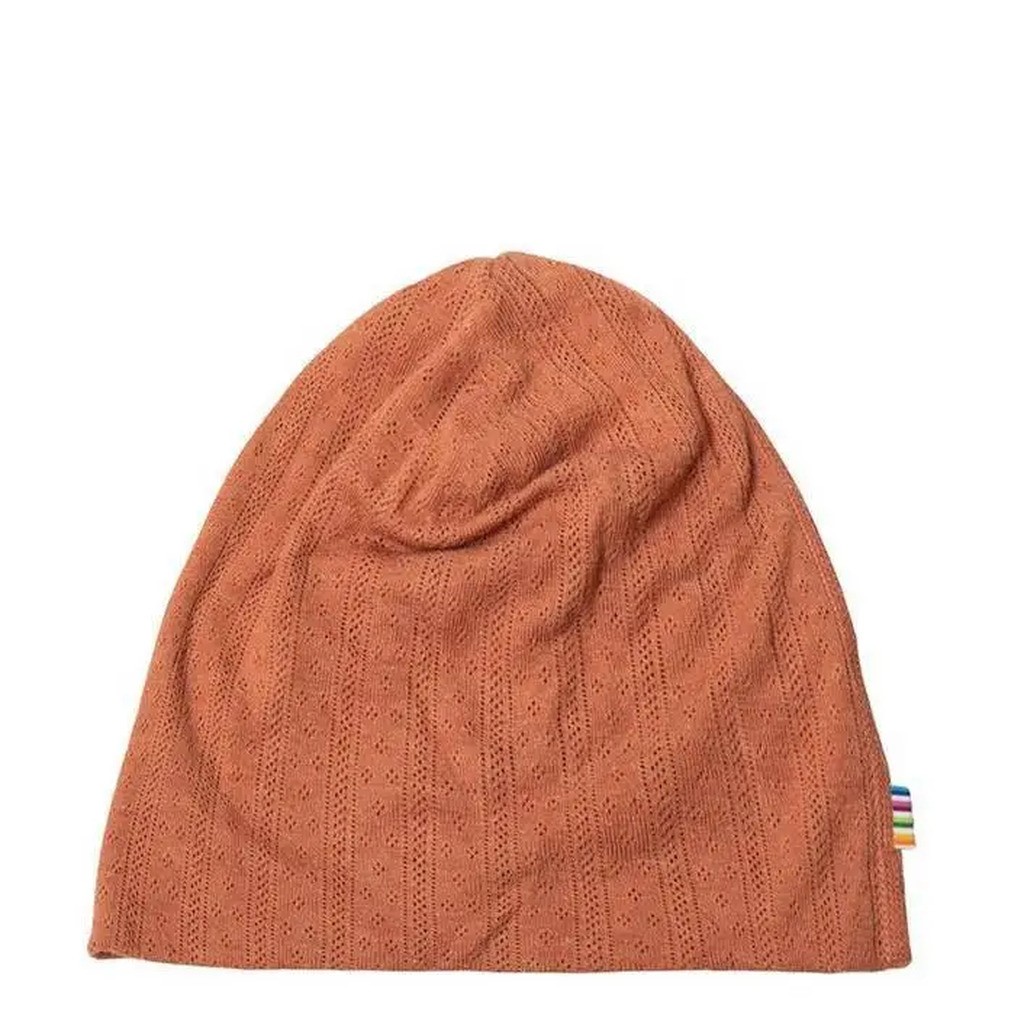 Hue i orange uld-silke med ribform og blondekant