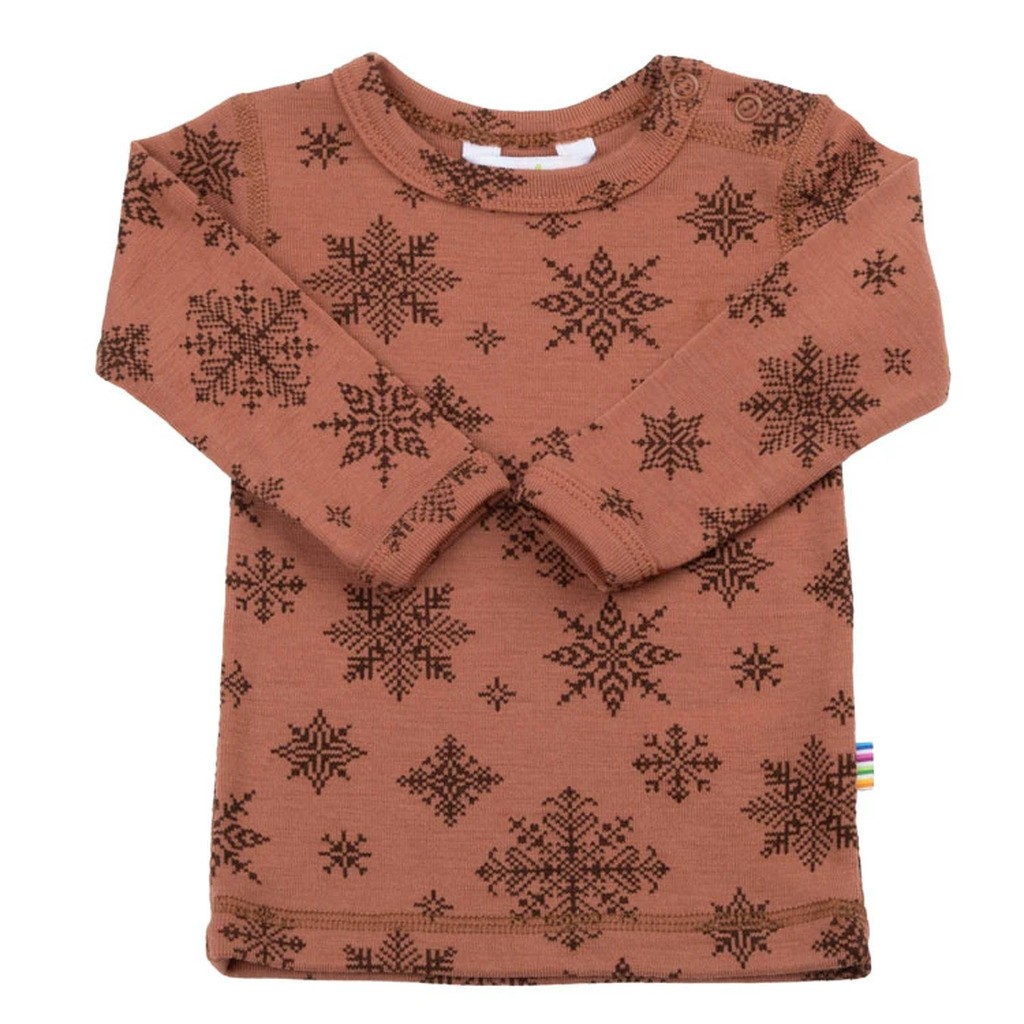 Langærmet bluse i rustfarvet med print af snefug I 100% merinould