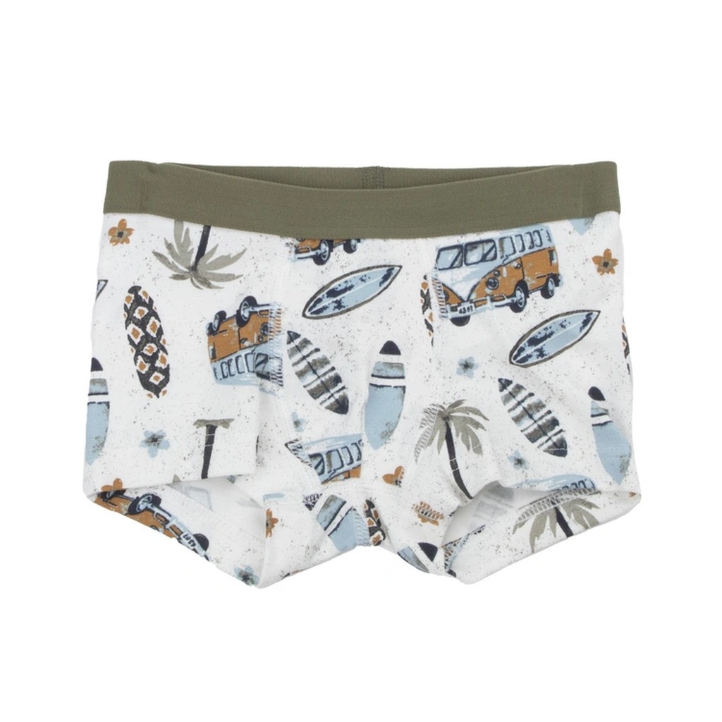 Boxershorts i offwhite økologisk bomuld med motiv og olivengrønne detaljer