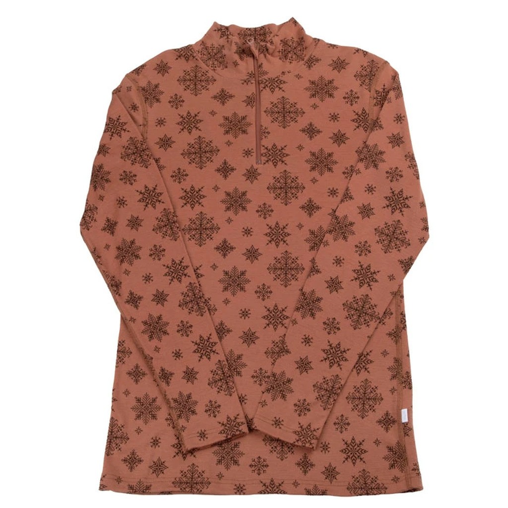 Bluse med lynlås i rustfarvet med print af snefug I 100% merinould