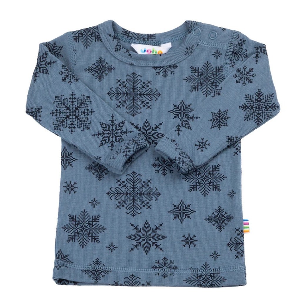 Langærmet bluse i blå med print af snefug I 100% merinould
