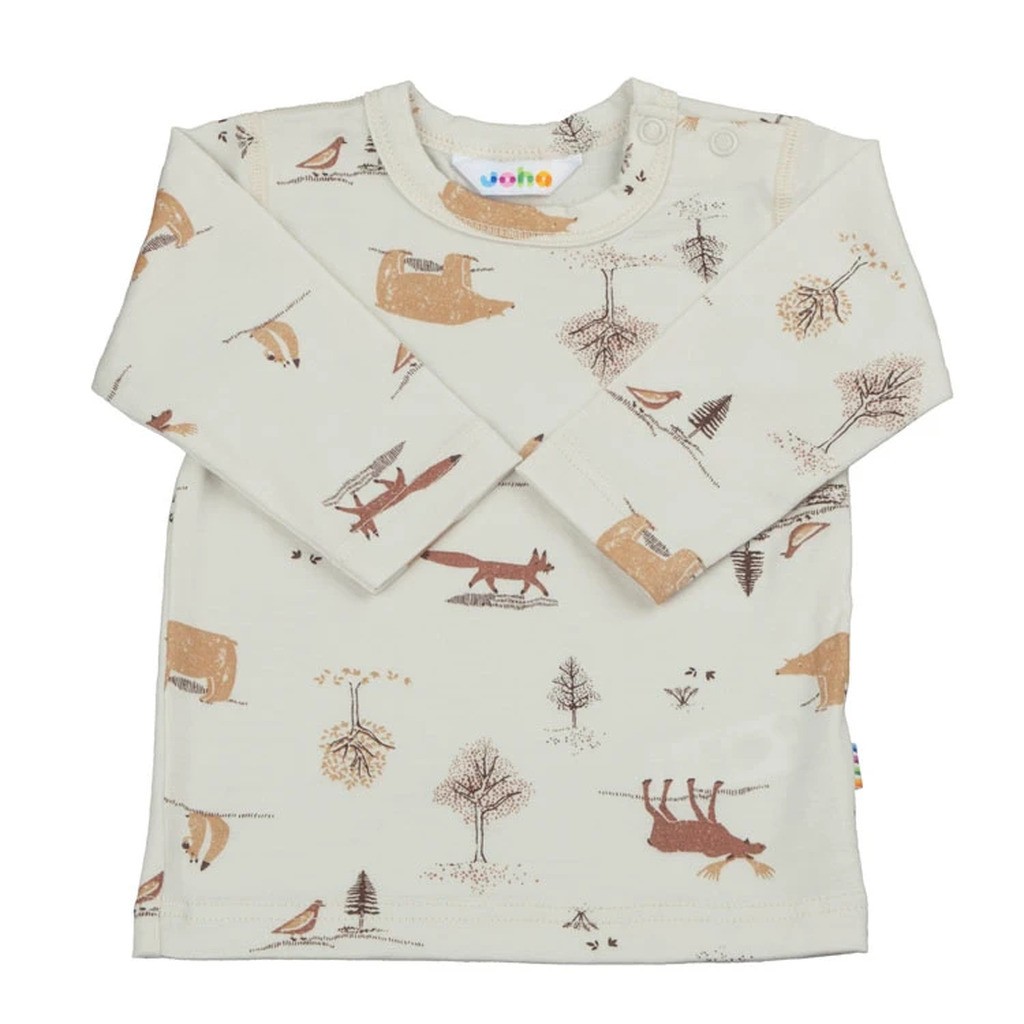 Langærmet bluse i lys beige med print 100% merinould