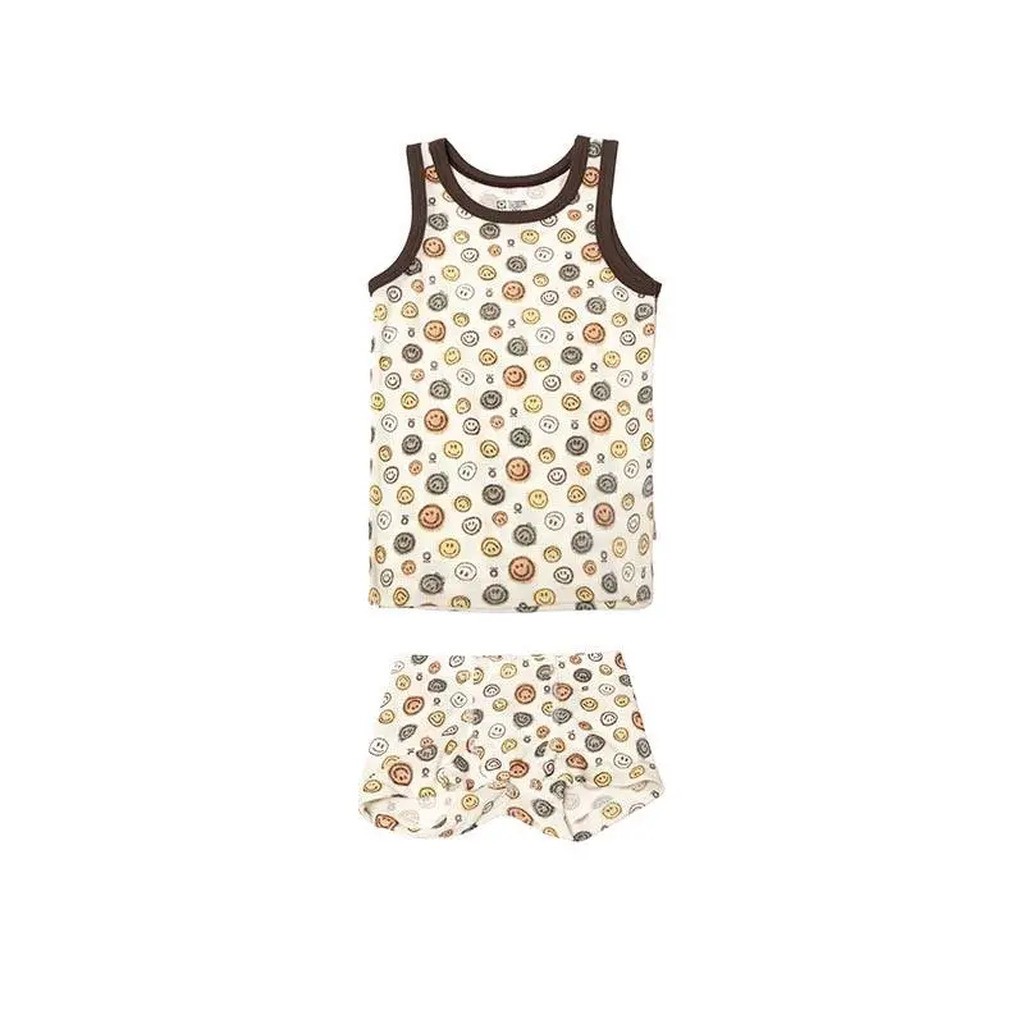 Undertøjssæt (Boxershorts) råhvid økologisk uld med brun kant og Emoji print