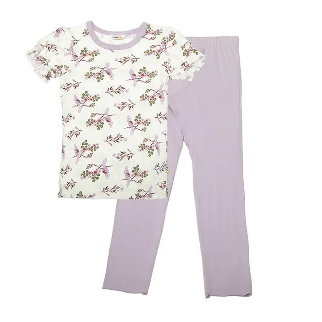 Sommer pyjamas hvid økologisk bambus, lyserød kant og papegøjeprint