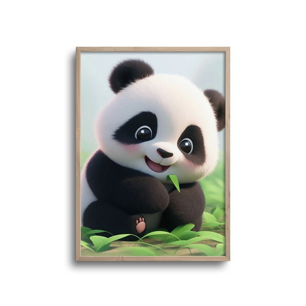 Cute Panda i grønne blade - plakat