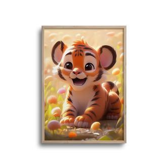Cute baby tiger på eng - plakat
