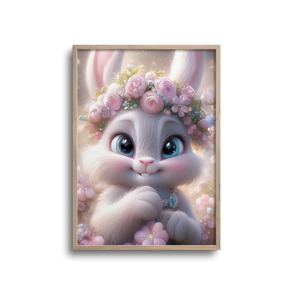 Cute pige kanin med blomsterkrans og store øjne - plakat