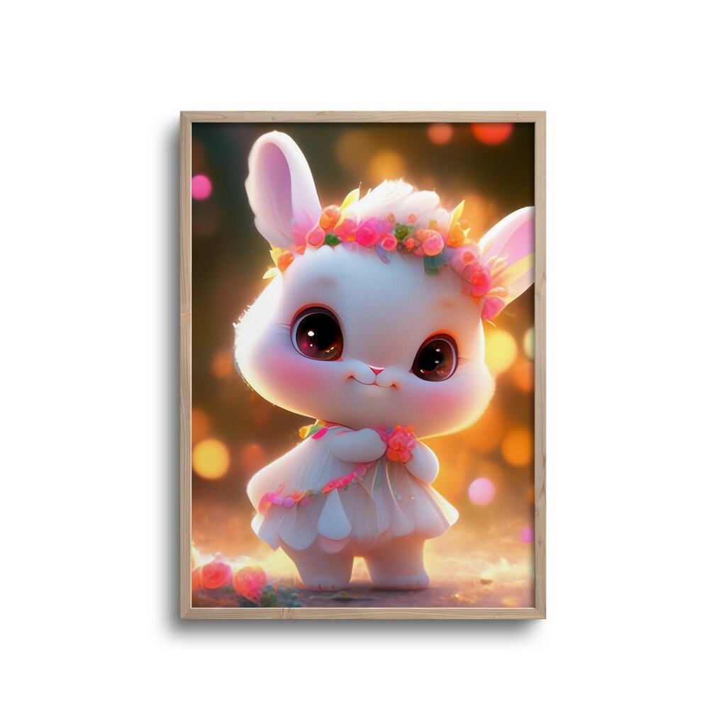 Cute kanin med blomsterkrans - plakat