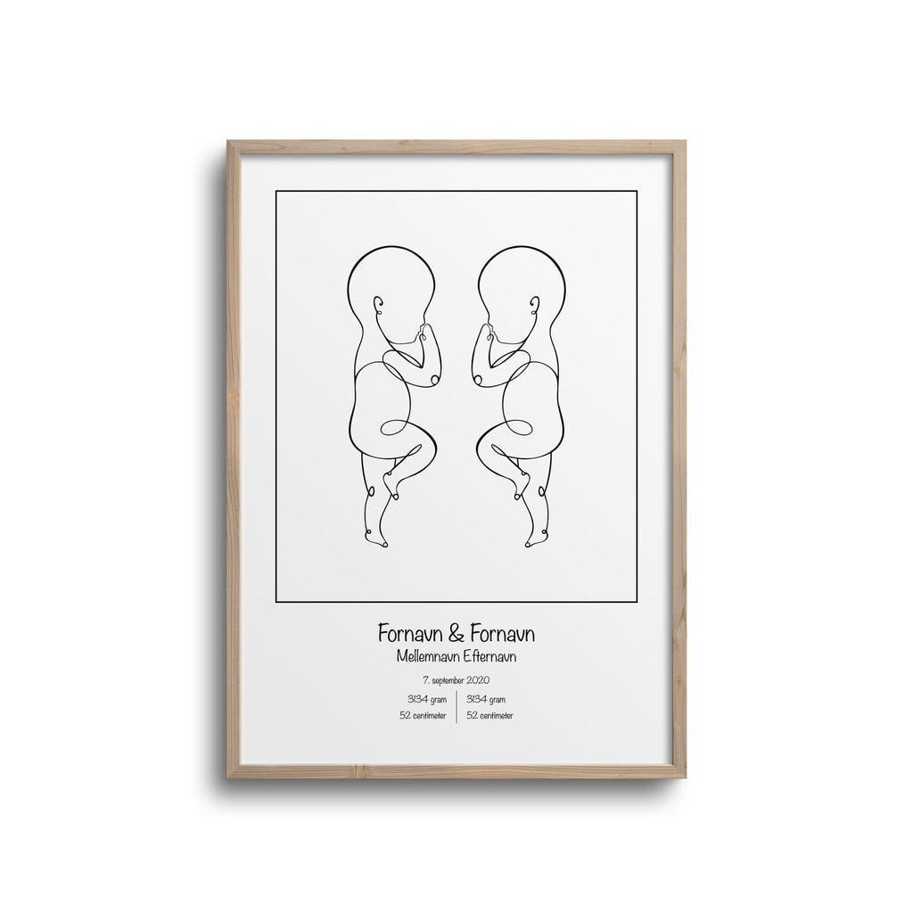 Fødselsplakat oneline kant - tvilling