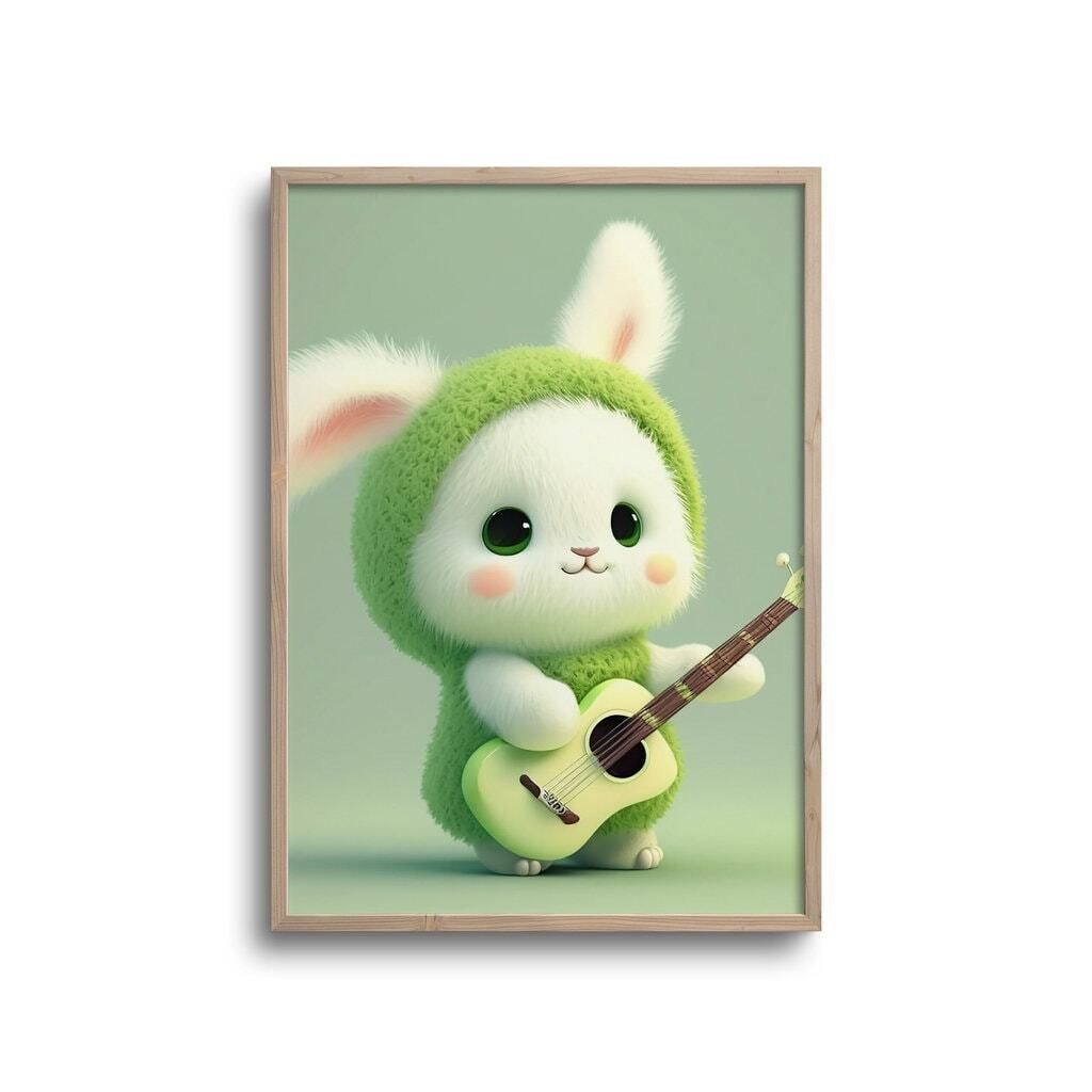 Cute kanin med grøn guitar - plakat