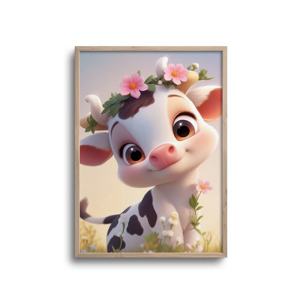 Cute Baby ko med blomsterkrans - plakat