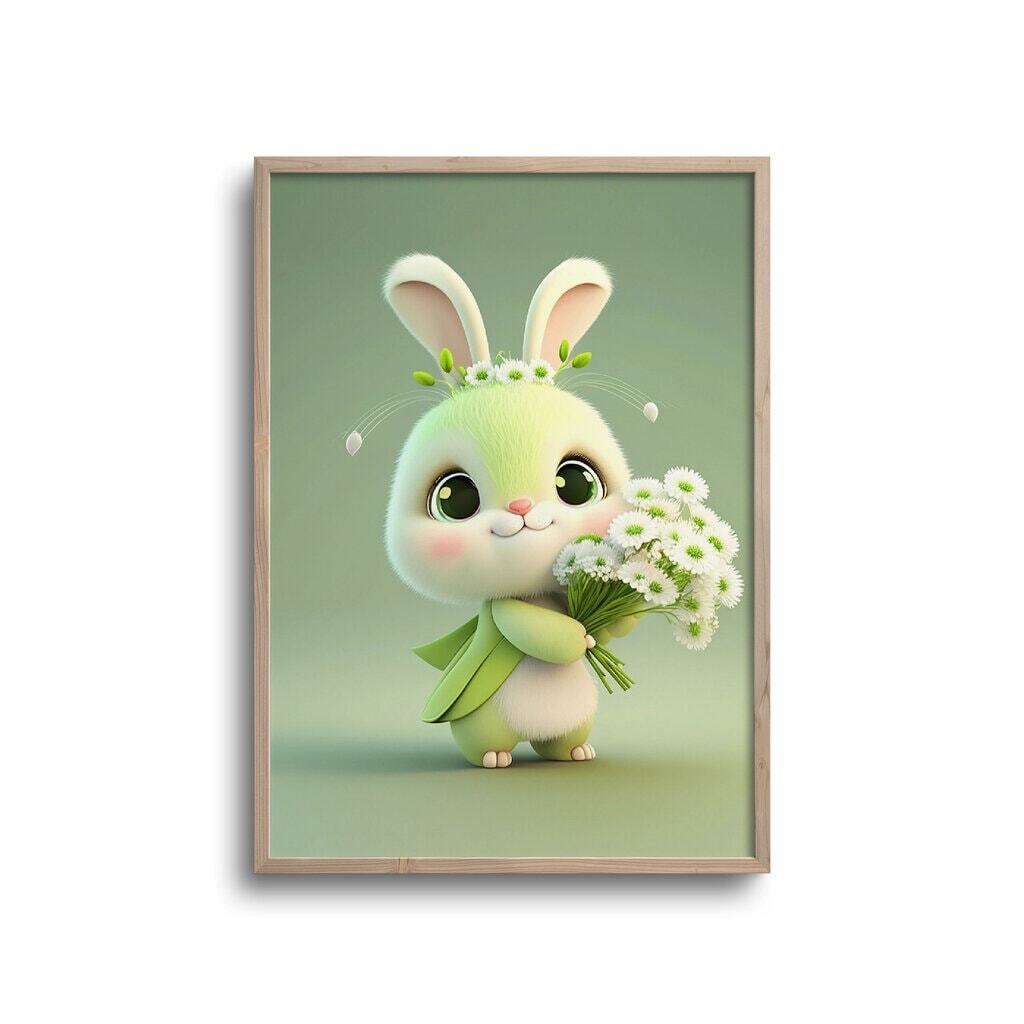 Cute Grøn baby kanin med blomster - plakat