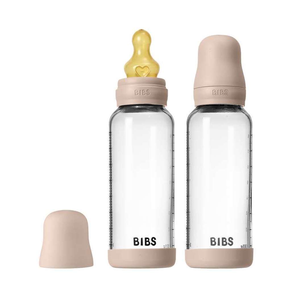 BIBS Bottle - Sutteflaskesæt - Glas - 2-pak - Naturgummi/Slow Flow/Rund - 240ml - Blush