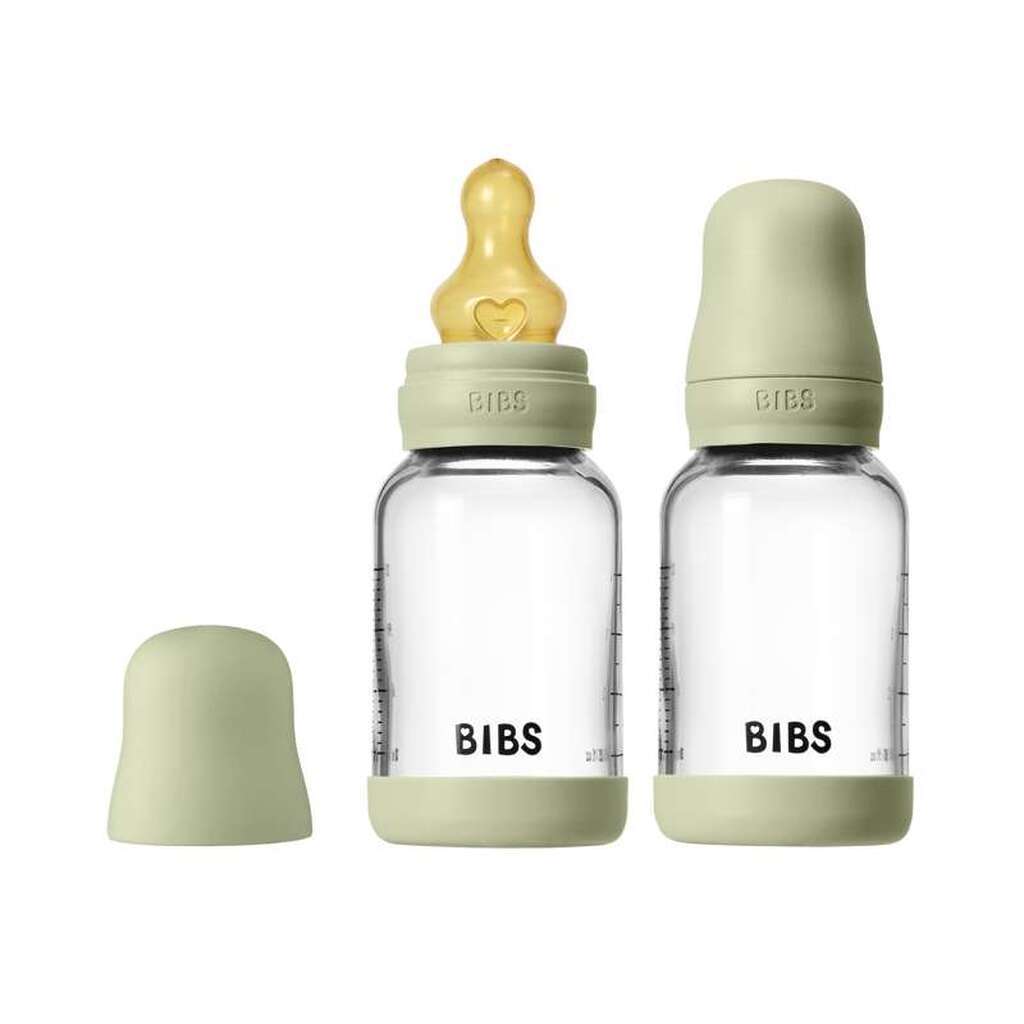 BIBS Bottle - Sutteflaskesæt - Glas - 2-pak - Naturgummi/Slow Flow/Rund - 120ml - Sage
