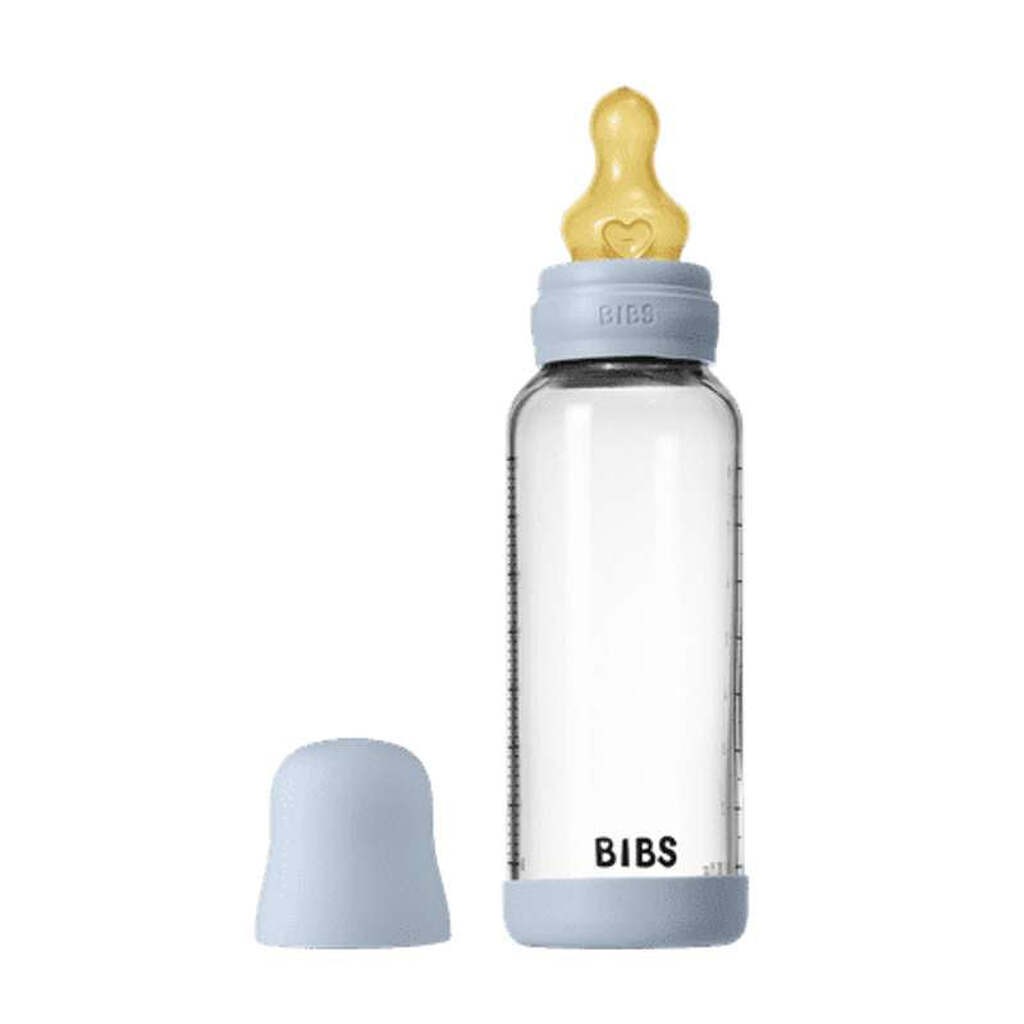 BIBS Bottle - Sutteflaskesæt - Glas - Naturgummi/Medium Flow/Rund - 240ml - Baby Blue