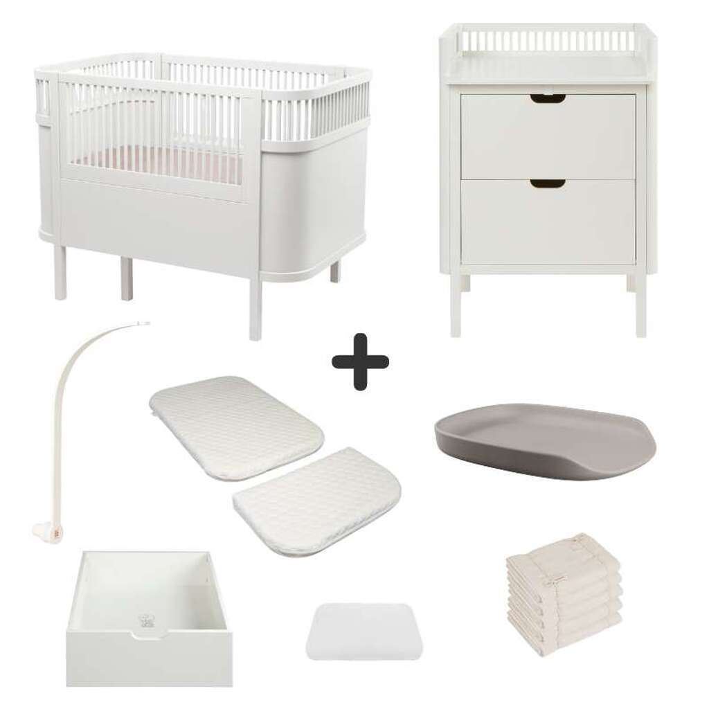 Sebra Sengen og Puslebordet m. Tilbehør - Classic White - Deluxe Bundle 1