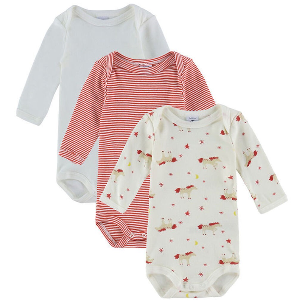 Petit Bateau Bodyer l/æ - 3-pak - Off White/Rød