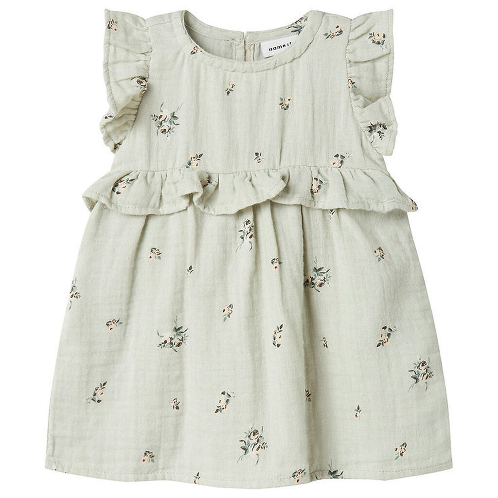 Name It Kjole - Musselin - NbfHikka - Aqua Gray m. Blomster