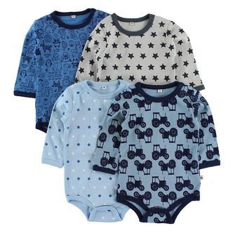 Pippi Bodyer L/Æ - 4-pak - Blå/Lyseblå m. Mønster