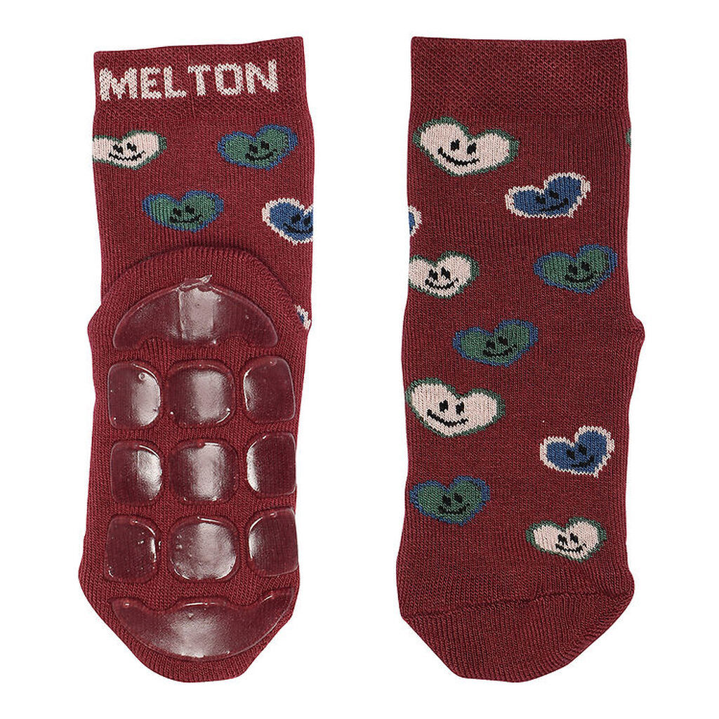 Melton Strømper - Happy hearts - Anti-slip - Bordeaux