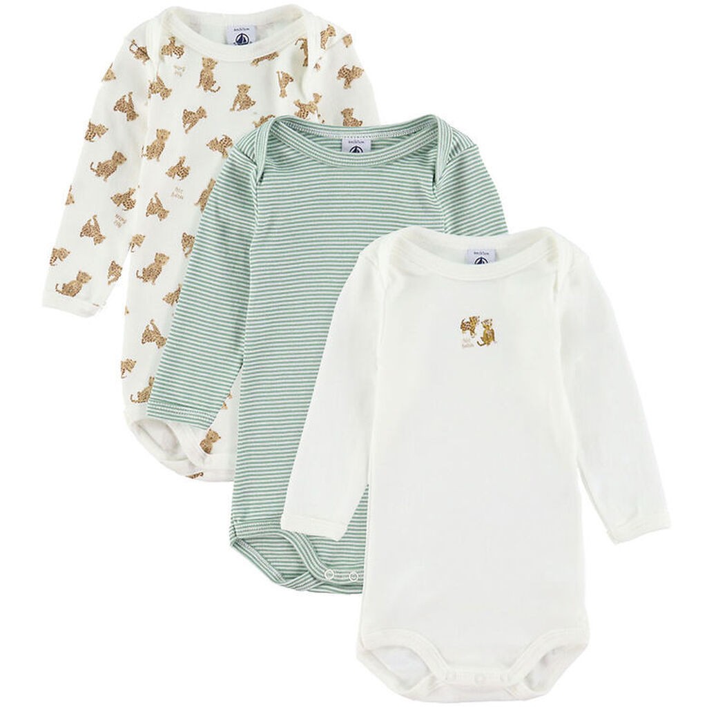 Petit Bateau Body l/æ - 3-pak - Hvid/Grøn