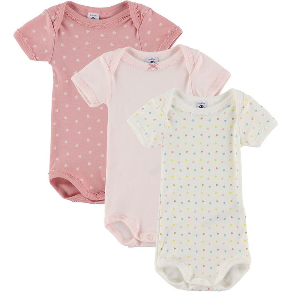 Petit Bateau Body k/æ - 3-pak - Lyserød/Hvid m. Hjerter
