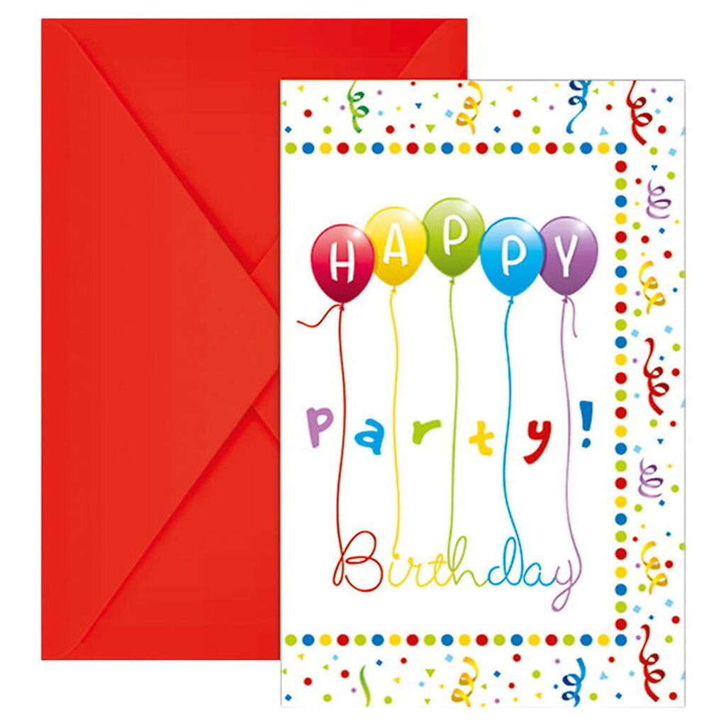 Decorata Party Invitationer - 6-pak - Happy Birthday Streamers