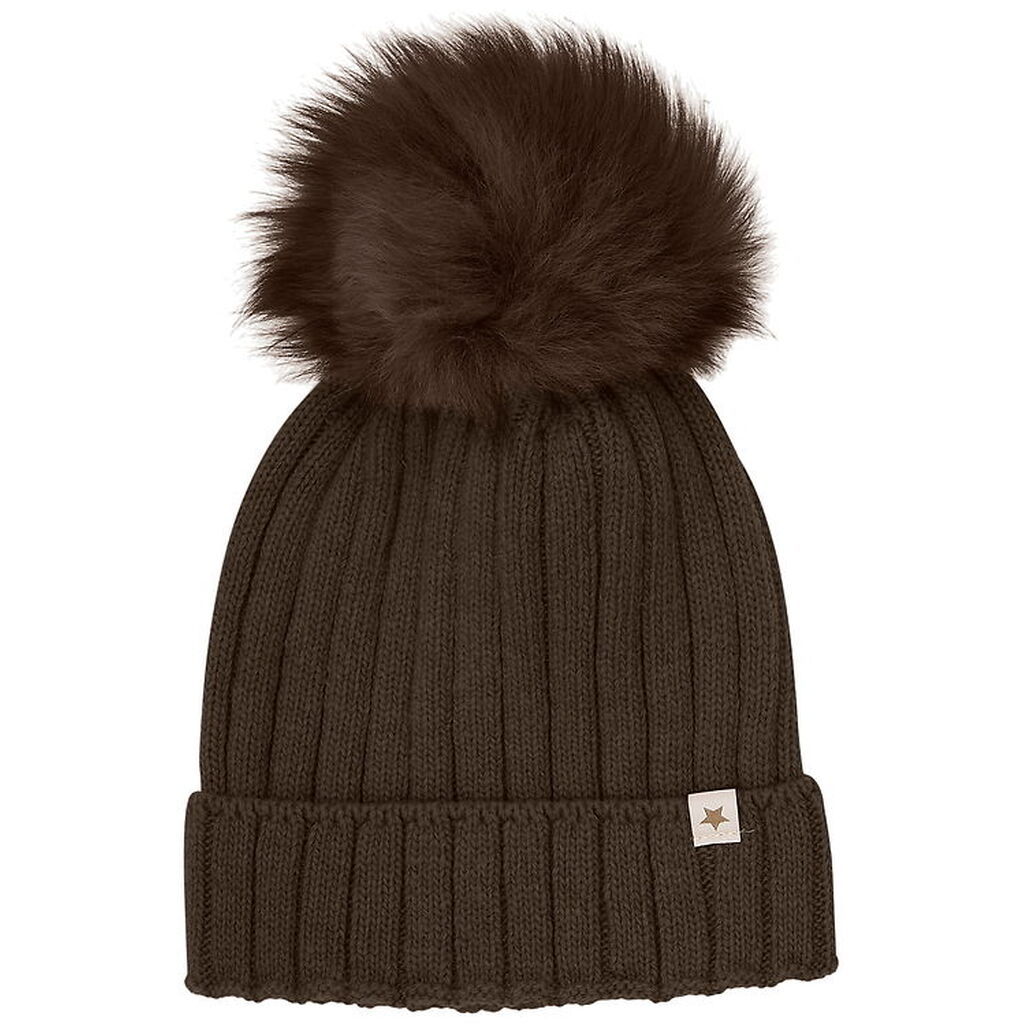 Huttelihut Hue - Uld/Bomuld - Strik - Meleret Mørkebrun m. Kvast