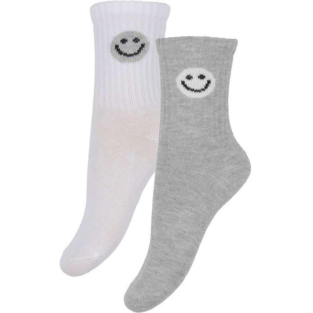 Minymo Strømper - 2-Pak - Gråmeleret/Hvid m. Smiley