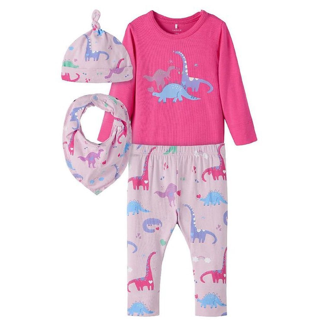 Name It Sæt - Body/Bukser/Hue/Hagesmæk - NbfBaba - Fuchsia Purpl