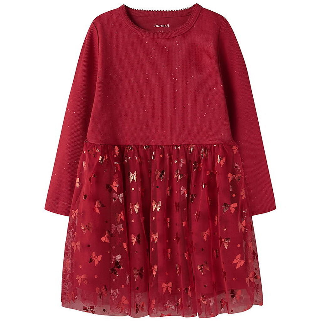 Name It Kjole - Rib/Tyl - NmfRosally - Jester Red m. Print