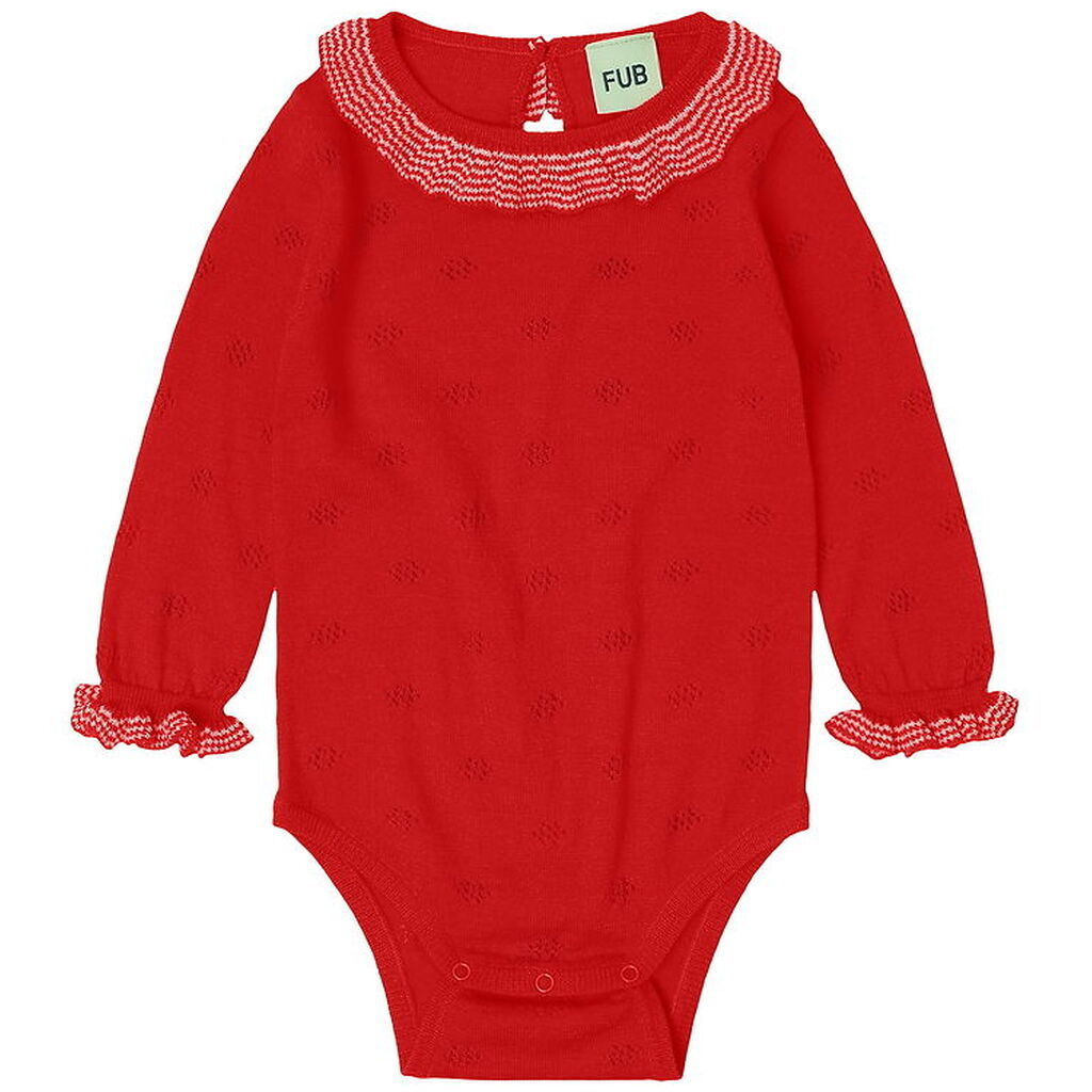 FUB Body l/æ - Ruffle - Strik - Uld - Signal Red m. Hulmønster
