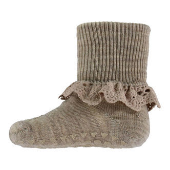 GoBabyGo Skridsikre Strømper - Uld - Lysebrunmeleret m. Blonde