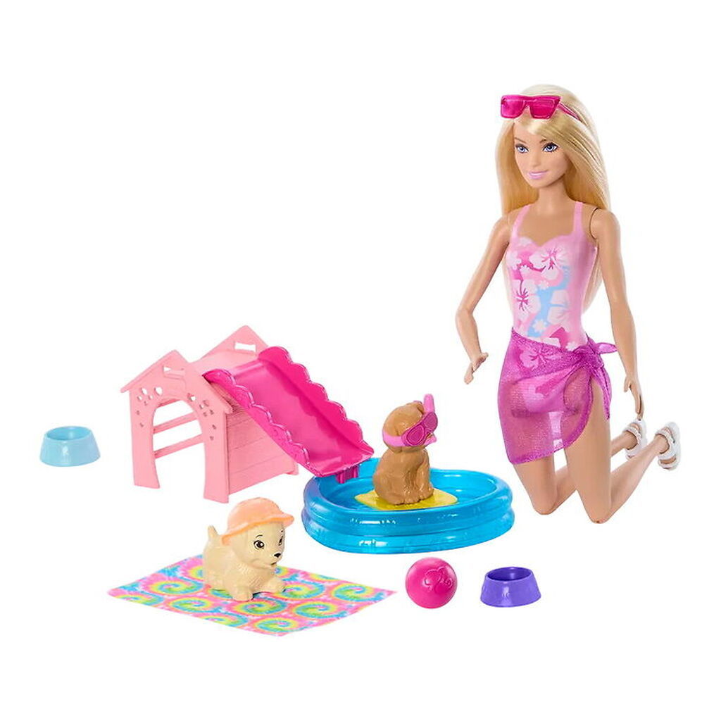 Barbie Dukkesæt - 30 cm - Puppy Pool Party Aloha Blonde