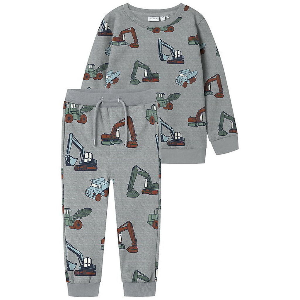 Name It Sweatsæt - NmmNenean - Gråmeleret m. Maskiner