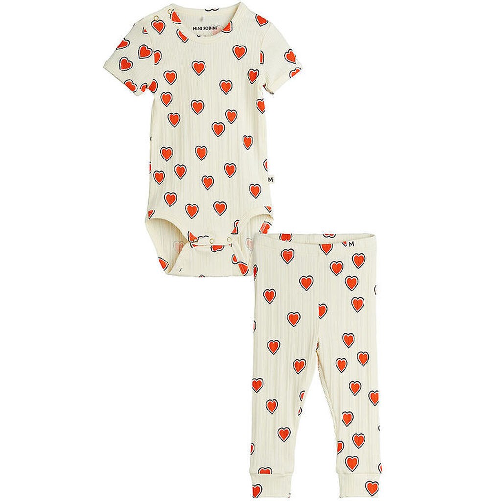 Mini Rodini Sæt - Leggings/Body k/æ - Rib - Offwhite m. Hjerter