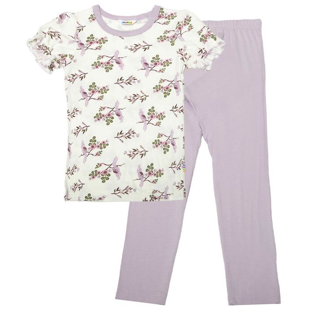 Joha Nattøj - Bambus - Off White/Lilla m. Papegøje