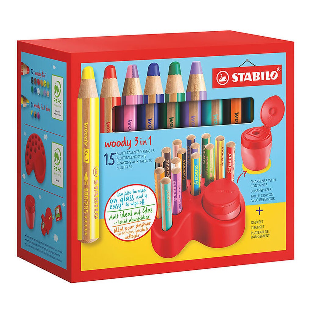 Stabilo Farveblyanter - Woody 3-i-1 Deskset - 15 Stk. - Multifa