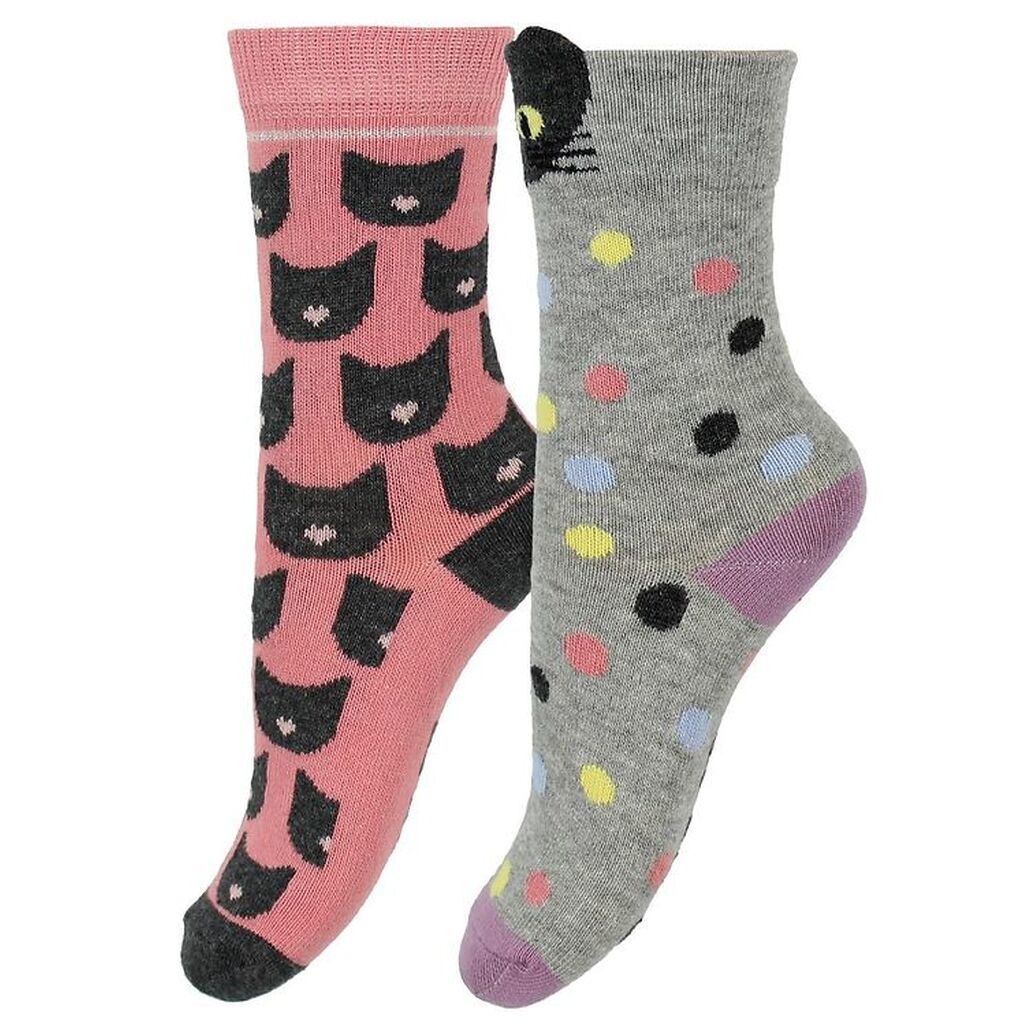 Melton Strømper - 2-pak - Gråmeleret/Rosa m. Kat