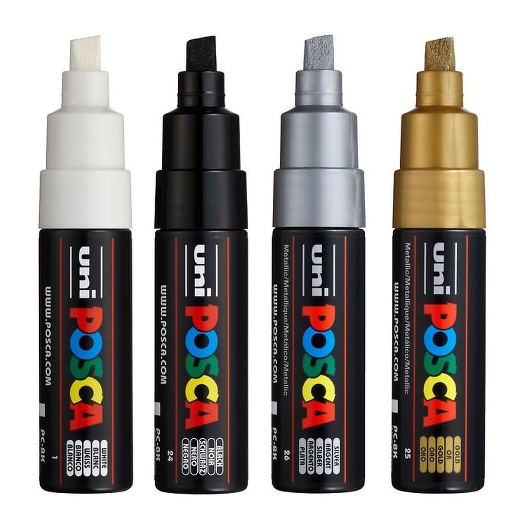 Posca Tuscher - PC-8K - 4 stk. - Sort/Hvid/Metallisk