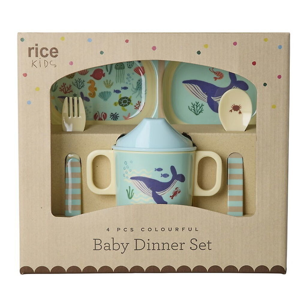 Rice Spisesæt - Melamin - 4 Dele - Blå Ocean Print