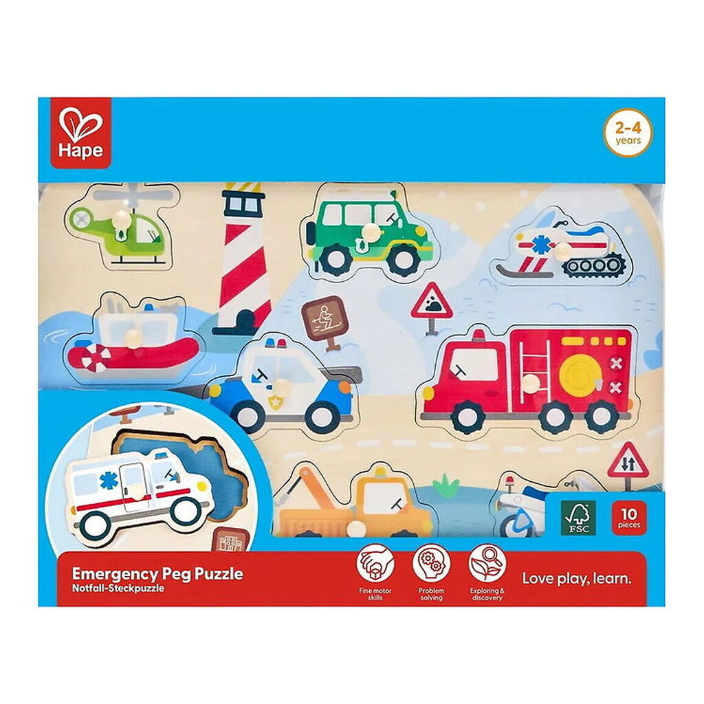 Hape Puslespil - Træ - 9 Brikker - Redningskøretøjer