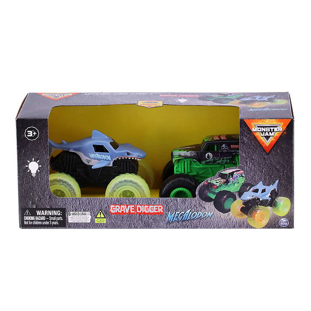 Monster Jam Trucks - 1:43 - 2-pak -Grave Digger/Megalodon m. Lys