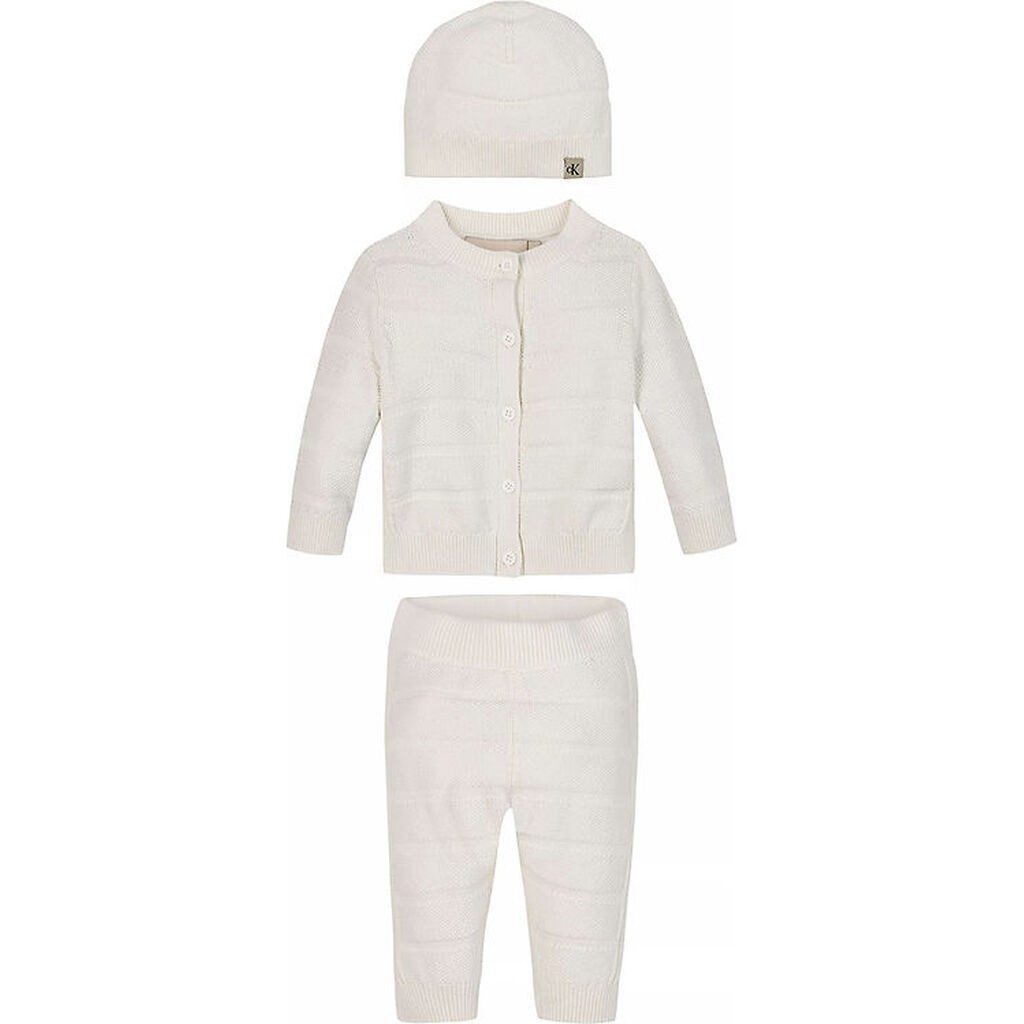 Calvin Klein Sæt - Cardigan/Bukser/Hat - Rib Strik - Ivory