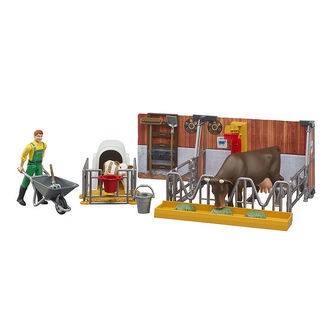 Bruder Legesæt - bworld - Stald m. Bondemand, Ko & Kalv - 62611
