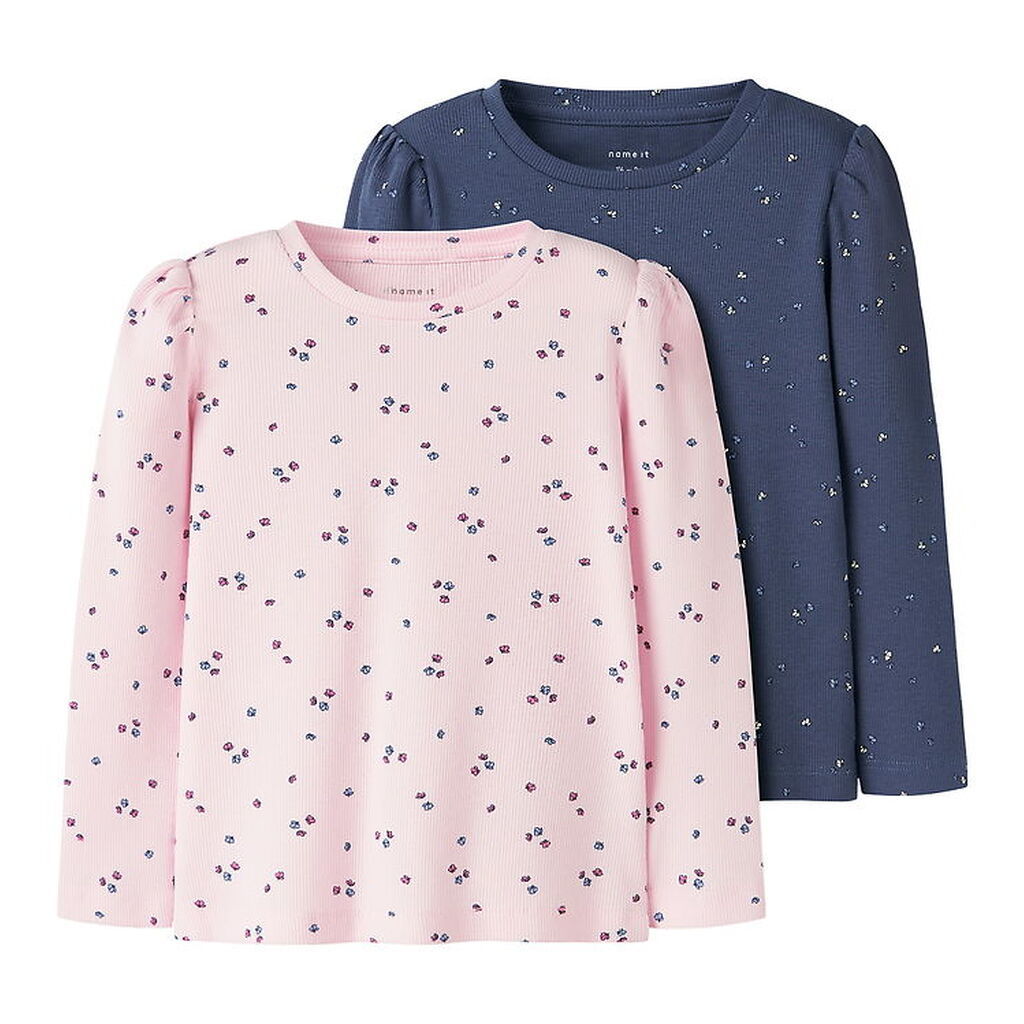 Name It Bluser - 2-pak - Rib - NmfNelia - Rosa/Lilla m. Blomster
