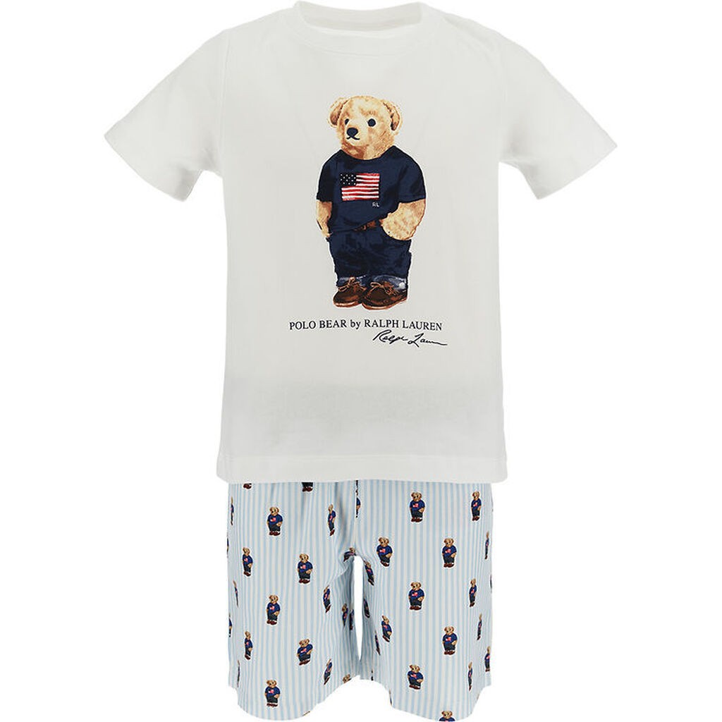 Polo Ralph Lauren Nattøj - Hvid/Blåstribet m. Bamse